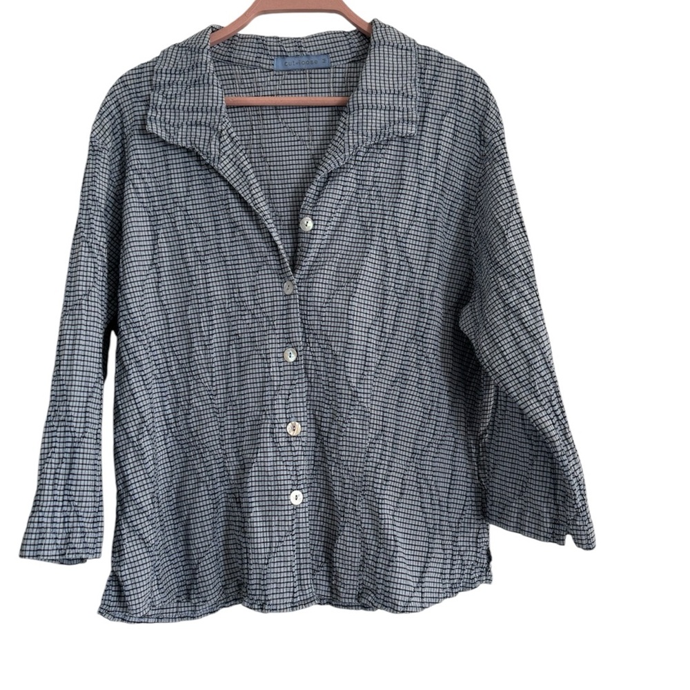 CUT LOOSE Cotton Blend Long Sleeve Button Shirt Top USA Blue Artsy Lagenlook